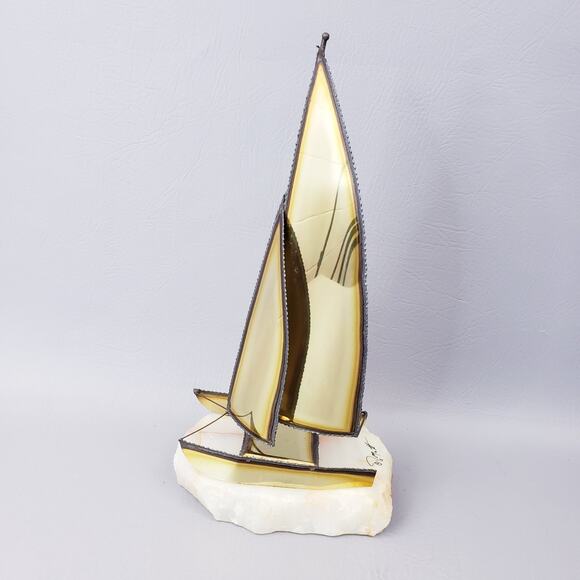 Vintage 70s DeMott Brass Sailboat Sculpture Signed Brass Sail Boat/Gem Rock Base - Picture 4 of 10